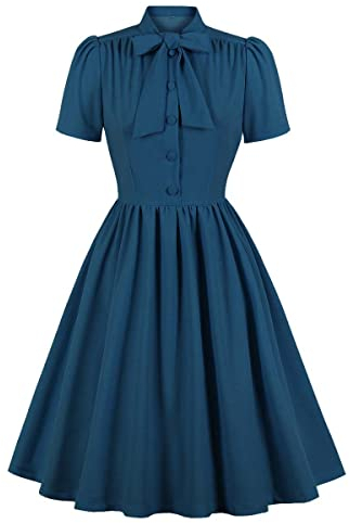 Damen Cocktailkleid mit Revers, Vintage-Stil, V-Ausschnitt, 50er-/60er-Jahre-Stil, Knopfleiste, Rockabilly, Abschlussball, Midi-Abendkleid mit Taschen, Marineblau-Bowknot, Klein