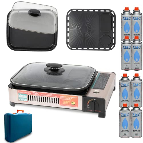 Z.M.C 2-in-1 tragbarer Gaskocher & Gasgrill 2,1kW mit 8x Gaskartuschen 227g inkl. Grillplatte, Pfanne, Glasdeckel & Koffer – Campingkocher & Tischgrill mit Piezo-Zündung für Outdoor, innen & außen