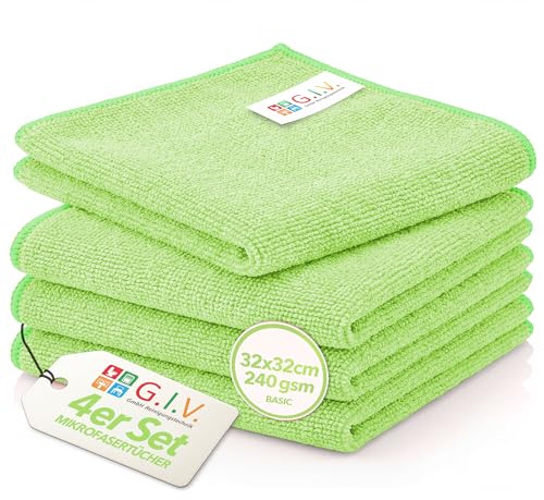 G.I.V. 4X Mikrofaser Reinigungstücher Grün 240 GSM 32x32cm, Putztücher Streifenfrei & Saugstark Microfasertücher Lappen für Haushalt, Gastronomie, Auto, Werkstatt