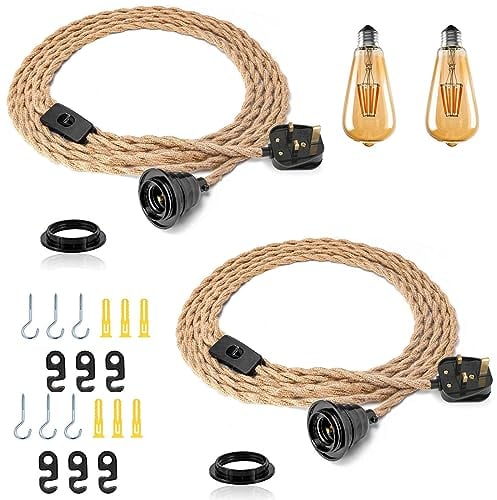 WUYOR Lustre Corde de Chanvre 4.5m Câble Suspension Luminaire avec interrupteur Douille E27 avec Prise Textile Cordon Pour DIY Lampe Industrielle Lustre Douille Fil Electrique Vintage