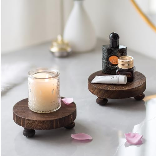 Romadedi Landhaus-Holzständer zum Ausstellen, 4 Stück, Sockelständer, rustikale Dekoration, Mini-Pflanzenerhöhung, Kerzentablett, rund, für Zuhause, Tisch, Badezimmer, Theke, Regal, Küche, braun