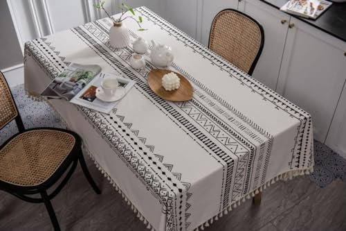 ShopINess Tovaglia Impermeabile e Antimacchia Tovaglia Cerata in Stile Bohémien Tovaglia Boho Decorazione per la Casa Bianco e Nero (110x160 cm)