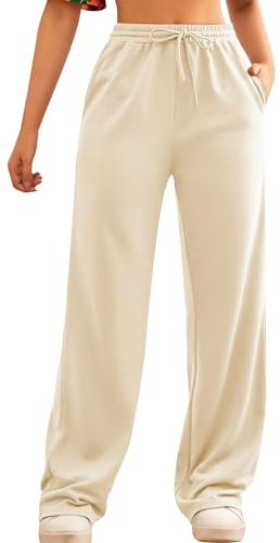 FACDIBY Jogginghose mit weitem Bein für Damen, elastisch, hohe Taille, Kordelzug, lockere Hose mit Taschen, Beige, XX-Large