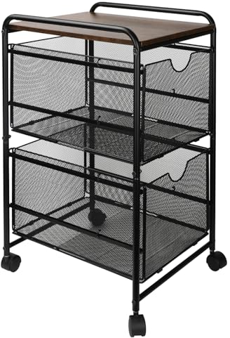 TQVAI 2 Drawers Rolling Storage Trolley on Wheels 3 Tier Kitchen Bathroom Beauty Office Utility Trolley Fruit Vegetable Drinks Storage Cart Rack, Black