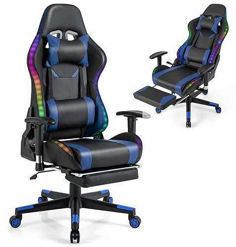 COSTWAY Sedia da Ufficio Ergonomica per Computer con Altezza Regolabile, Sedia da Gaming con Luci RGB LED, Schienale e Braccioli Regolabili, Poggiapiedi Estraibile e Supporto Lombare (Blu)
