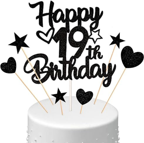 Conruich Tortendeko 19. Geburtstag Jungen, Kuchendeko Happy 19th Birthday Schwarz, Glitzer Kuchen Topper 19. Geburtstag Ballons Konfetti Papierfächer für Geburtstagstorte Deko 19 Jahre Junge Mädchen