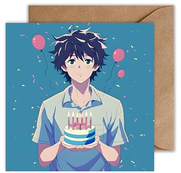 WBdesignz Anime Geburtstagskarte mit Umschlag - Anime Boy Happy Birthday Geburtstag Junge Manga Karte als Glückwunschkarte (125 x 125 mm)