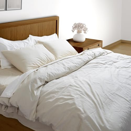 BIOWEAVES Bettwäsche-Set für Doppelbett, 100 % gewaschene Bio-Baumwolle, Perkal-Gewebe, GOTS-zertifiziert, Doppelbett/Doppelbett, XL-Bettbezug und 1 Kissenbezug, 167,6 x 228,6 cm, Marshmallow