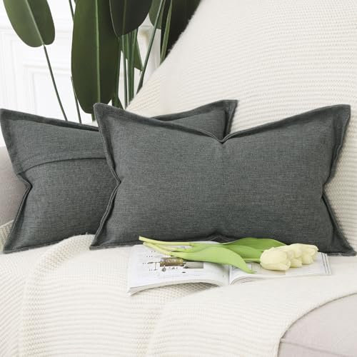 Madizz 2er Set Polyester Leinen Kissenbezügen mit breiter Kante Weiche dekorative Kissenbezüge für Sofa Schlafzimmer Kissenhülle Dunkelgrau 40x60 cm Rechteckig