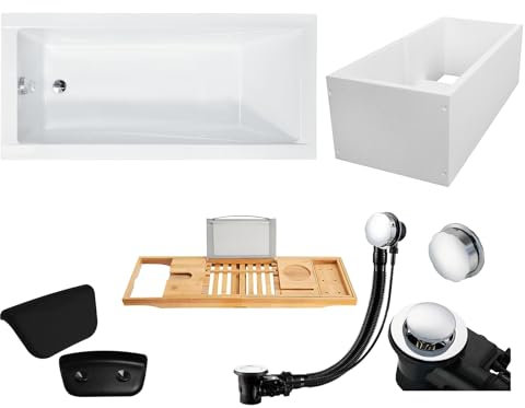 KOLMAN KOMPLETTSET 6in1 Acryl Wanne Badewanne Rechteck 130x70 cm MODERN Made in EU + Wannenträger + Badewannentablett Holzablage + Badkissen, mit Ablaufgarnitur in Chrom & Wannenfüße