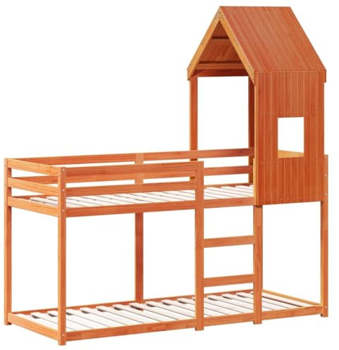 vidaXL Etagenbett, Hochbett mit Dach Leitplanken, Stockbett für Schlafzimmer, Bett Holzbett Einzelbett, Wachsbraun 90x200cm Massivholz Kiefer