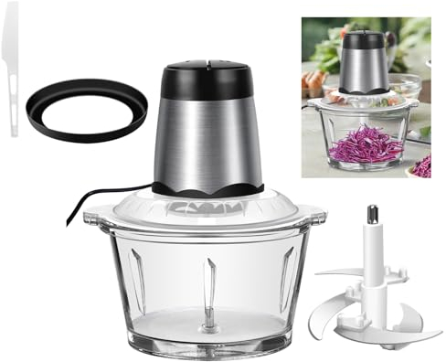 Food Processor Meat Blenders Meat Grinder 2L Food Chopper for Meat, Vegetables, Fruits and Nuts, Food Grinder with Glass Bowl, 300W, 2 Speeds, 4 bi-Level Sharp Steeliness Steel Blade