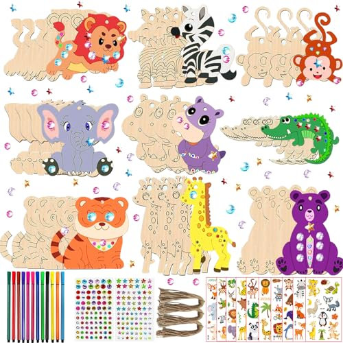 SZFengzhong Holztiere Bastelset Kinder, 270Pcs Basteln Kindergeburtstag mit 202 Strasssteine, 27 Holztiere, 27 Schnüre, 12 Aquarellstift, 2 Aufkleber, Kindergeburtstag Basteln für Mädchen/Jungen