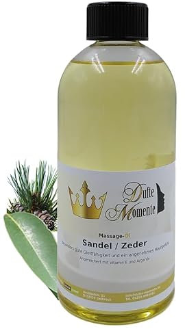 Dufte Momente | Massageöl Sandelholz - Zeder 500ml | hochwertige Pflanzenöle als Basis | hohe Gleitfähigkeit | zieht langsam ein | ohne Paraffin und künstliche Zusätze | vegan und ohne Tierversuche