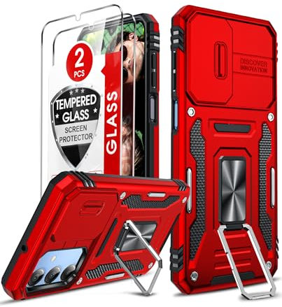 LeYi Coque pour Samsung Galaxy A16/A 16 4G/5G Antichoc avec Protection Caméra Coulissante,2*Verre Trempé,Étui de PC Dur et TPU Silicone Militaire Anti-Rayures Coque Anneau,Rouge
