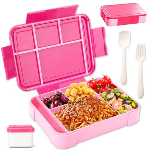 LUZOON Brotdose Kinder mit Fächern, 1330ml Jausenbox Kinder inkl. Besteck, Auslaufsicher Bento Box,Vesperdose für Kindergarten & Schule, Mikrowellen, SpüLmaschinen Sicherheit (Rosa②, 1330ml)