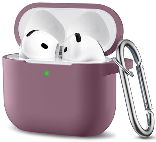 Ouwegaga Compatible for AirPods 4th Generation Case 2024- Full Body Protective Shock-Resistant Silicone Case Cover Compatible with Apple AirPod 4 Case, Front LED Visible, With Carabiner, SmokyViolet