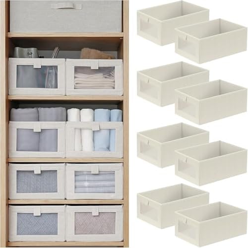 HOTOOLME Wardrobe Organiser Foldable Linen Storage Bins with Clear Window Fabric Storage Box Drawer Organiser for T-Shirts,Jeans,Underwear,Books 8 Pack