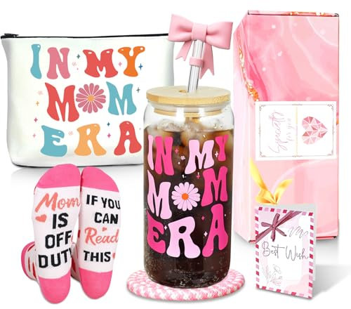 ANOTION In My Mom Era Coffret cadeau d'anniversaire pour mère, tasse à café glacée avec paille, cadeau pour nouvelle maman, fête des mères, gobelet en verre pour maman