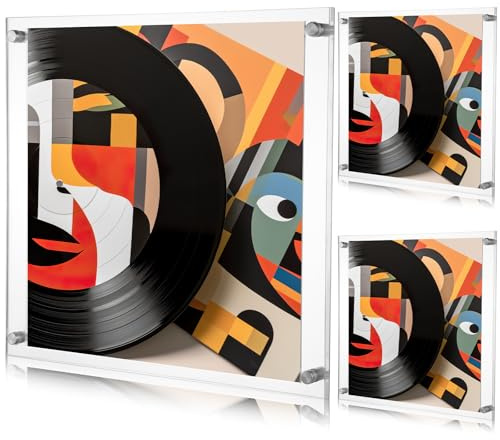 Qunclay 3 Stück schwebender Acryl-Vinyl-Schallplatten-Album, Wandhalterung, transparent, rahmenlos, 31,8 x 31,8 cm, Einzel-LP-Album, Musik-Cover-Rahmen, Vinyl-Display-Rahmen für Zuhause, Wandkunst,