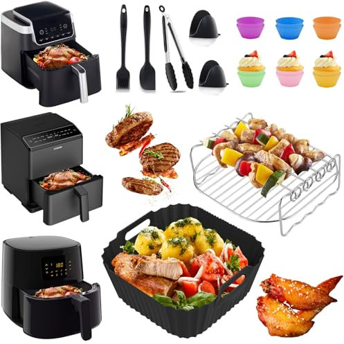 Accessori Friggitrice ad Aria per COSORI 5,5 Litri, Philips Airfryer Serie 2000 6,2 Litri, Ninja Max Pro 6,2L - 19Pcs Accessori per Friggitrice ad Aria Stampo Silicone, Grill Rack, Stampo per Torta