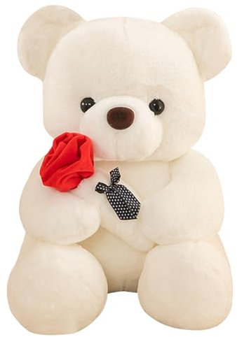 DHINCHANSAIB Cadeaux de la Saint-Valentin pour enfants - Ours en peluche avec rose, 25 cm, jouet doux pour les anniversaires et la Saint-Valentin, parfait pour les couples et les amis (blanc)