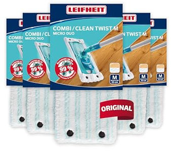 Leifheit Lot de 5 Housses Clean Twist/Combi M Micro Duo, Housse de Rechange en Microfibres pour Balai à Plat Combi, Housse absorbante pour Balai serpillère