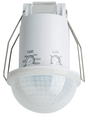 SEBSON Bewegungsmelder Innen & Außen 20m / 360°, Decke Unterputz, klein | Melder Ø61x90mm, programmierbar, LED geeignet 600W, Einbauloch Ø45-48mm, PIR Infrarot Sensor 3-Draht