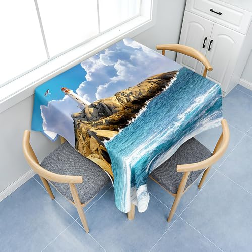 Fasbuy Tischdecke Abwaschbar mit Tischtuchklammern Quadratisch Tischdecken, Tischtuch aus Polyester mit Lotuseffekt, Leuchtturm Drucken Tischwäsche für Küche (Blauer Ozean,120x120cm)