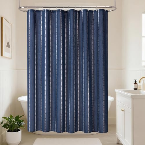VANZAVANZU Boho-Duschvorhang im Streifenstil aus Polyester Leinengewebe im Landhausstil wasserdichte Beschichtung neutrales Badezimmervorhang-Set im Landhausstil Shabby Chic,182x182cm