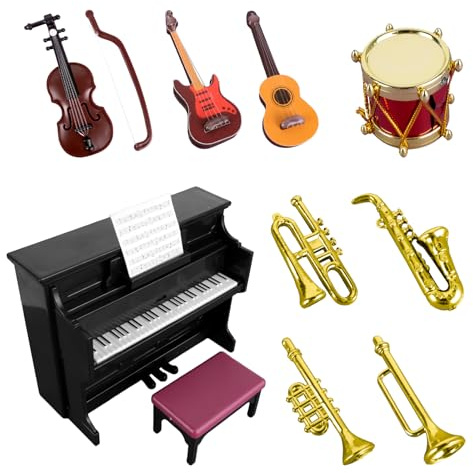 Wichtel Zubehör, 12Stück Miniatur Musikinstrumente, Miniatur Klavier Mini Klavierhocker Puppenhaus Zubehör, 1:12 Klavier Gitarre Schlagzeug Trompete Saxophon Möbel Für Elf The Weihnachten Deko