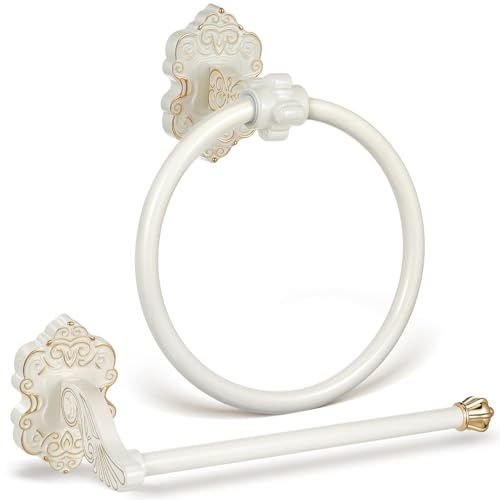 Otoolling 2 Pcs White Toilet Paper Holder Towel Ring, Hand Towel Hanger Toilet Paper Roll Holder Wall Mount Retro Vintage Bathroom Hardware