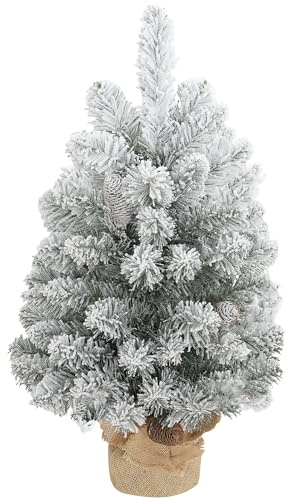 HOMCOM Mini Künstlicher Weihnachtsbaum 60 cm Tannenbaum künstlich mit Schnee, 72 Spitzen 6 Tannenzapfen Zementbasis Christbaum Weihnachtsdeko für drinnen Büro Wohnzimmer