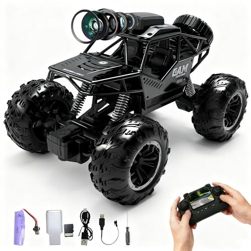 OBEST Ferngesteuertes Auto mit FPV HD Kamera RC Truck, 2,4 GHz Fernsteuerung Geländewagen, Fernbedienung mit LCD-Bildschirm, Foto WiFi Echtzeit-Übertragung Offroad Truck, 4GB SD Card, 2 Batterie