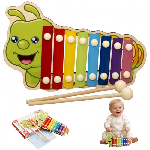 Sumneo Raupe Xylophon aus Holz | Musikspielzeug für Kinder ab 1 Jahr | Lernspielzeug mit 2 Schlägeln | Sicher & Farbig | Tolles Geschenk für Geburtstag