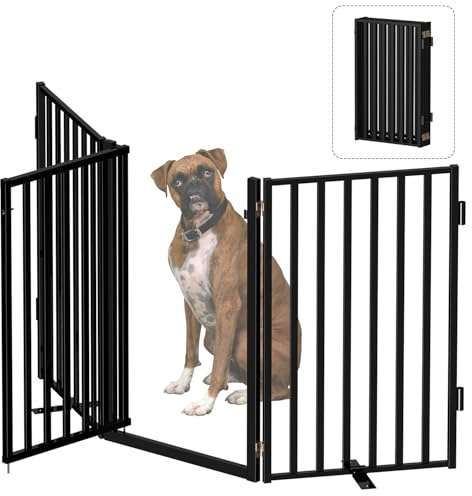Bknius Freestanding Dog Gate for Doorways, 32 Tall Mental Dog Barrier with Door, Foldable Expandable 3-Panel Pet Fence – Portable Puppy Gate Indoor Outdoor, Hallways, Stairs, Black