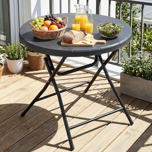 LIFERUN Gartentisch Rund, Klapptisch Wetterfest, für Balkon & Terrasse | Klapptisch Holz-Optik,Klein Esstisch HxD: 74x80cm,Balkontisch mit 4PCS Tischbeine,Campingtisch,Pflegeleicht,Hohe Stabilität