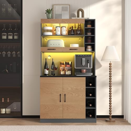 Yrxin kitchen tall cabinet, pantry with LED ambient lighting, wooden kitchen cupboard, large space for microwave, freestanding, height-adjustable side storage shelves (Natural+Grey, 100x47x187CM)