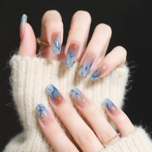 24pcs Long Coffin False Nails Blue Marble Press on Nails Glitter Gold Swirl Blush Pink Ombre Stick on Nail Tips Removable Glue-on Fake Nail Art Accessories for Women