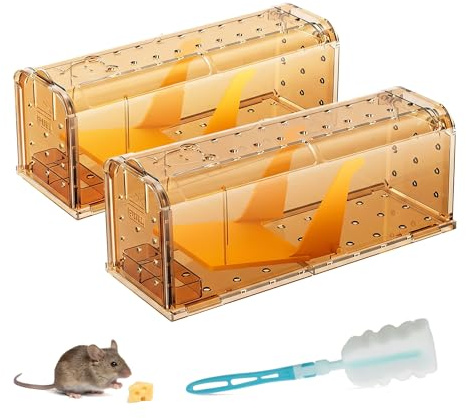 2er Set Mausefalle Lebend, Tierfreundlich Hochsensitive Quick Release | Plastic, Wiederverwendbar Lebendfalle Maus Ausgang für in Küche Garten Lager mit Blaue Tassenbürste Schwamm und langem Stiel