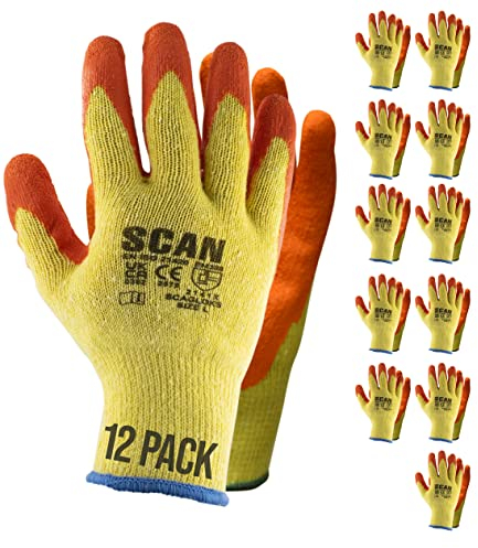 Scan SCAGLOKSPK12 12 Pairs Knitshell Latex Palm Work Gloves Orange Size L