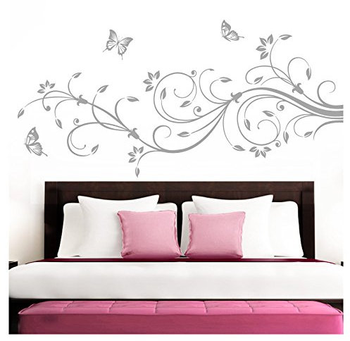 Grandora Wandtattoo XXL Blumenranken Schmetterlinge Blumen I Silbergrau (BxH) 160 x 69 cm I Schlafzimmer Liebe Flur Wohnzimmer modern Aufkleber Wandaufkleber W1073