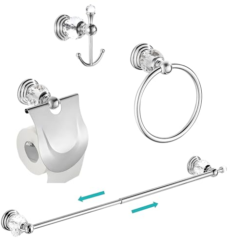 WINCASE Kristall Handtuchstange 61 cm Set, Chrom Badezimmer Hardware Set, Silber 4 Stück Zubehör Wandmontage Kleiderhaken Handtuchring Papierhalter