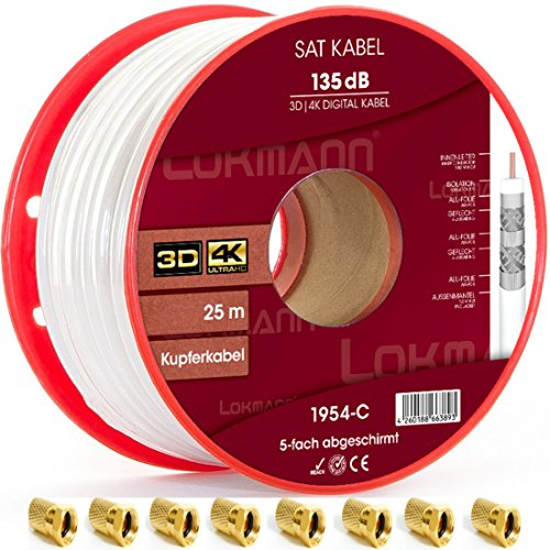 LOKMANN, cavo coassiale schermato a 5 strati, lunghezza 25 m, in puro rame, 135 dB, cavo satellitare, antenna TV, Full HD, UHD, 4 K, 8 K e superiori, incluse 10 spine F