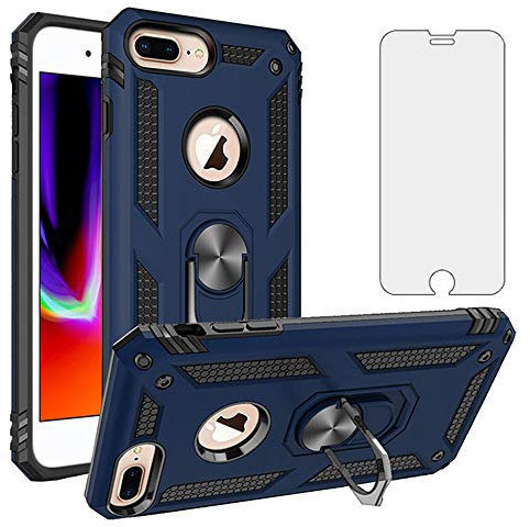 Phone Case for iPhone 6plus 6splus 7plus 8plus i 6/6s/7/8 Plus with Tempered Glass Screen Protector Stand Ring Holder Shockproof Heavy Duty Accessories 7s 8s 6s+ iPhone6 6+ 7+ iPhone8 8+ Blue