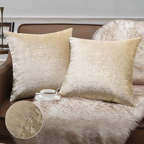 Phantoscope 2 Stück Funkelnder Samt dekorativer Solider Überwurf dekorativer Kissenbezug weicher Goldener Glitzer quadratischer Kissenbezug Kissenbezug für Couch Bett und Stuhl, Beige, 45 x 45 cm