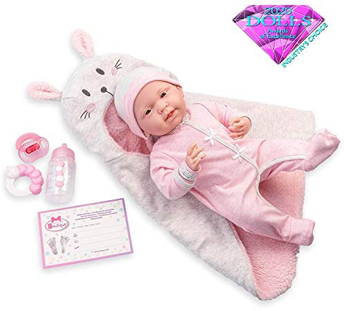 jc toys Die Newborn Puppe für Neugeborene, 38 cm, aus weichem Vinyl, mit Strampler und 5 Zubehörteilen, Rosa, entworfen in Spanien von Berenguer, ab 2 Jahren