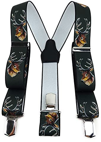 TigerTie Unisex Hosenträger in Y-Form mit 3 extra starken Clips - Farbe in dunkelgrün braun mit Hirschkopf - hochwertige Verarbeitung - Breite 35 mm