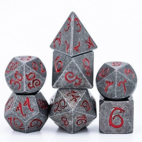 World of Dice Metallwürfel Steinoptik - Pen and Paper Würfel Set, 7 teilig, ideal für Dungeons and Dragons (DND), Das Schwarze Auge (DSA), Shadowrun, Cthulhu und andere RPG