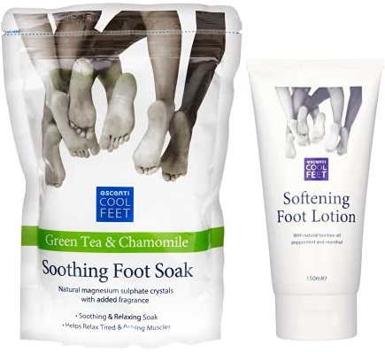 Escenti Cool Feet Soothing Foot Soak with Green Tea & Chamomile and Escenti Softening Foot Lotion 150ml | Foot Softener Set for Dry Skin | Helps Relax Tired Muscles